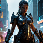 **Prompt:** *A powerful Nikke, Modernia, stands amidst a ruined cityscape, rain reflecting off her futuristic armor. She's wielding a large weapon, energy crackling around it. The background is filled with ominous shadows and the faint glow of neon signs, hinting at a dystopian future. Strong contrast, dynamic pose, cinematic lighting.*