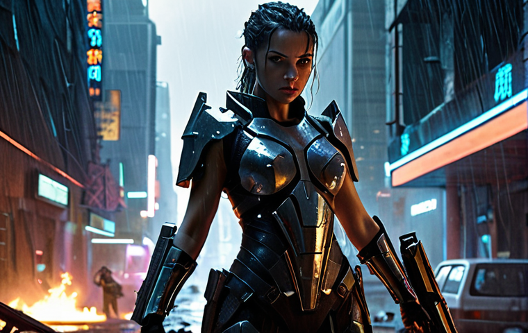 **Prompt:** *A powerful Nikke, Modernia, stands amidst a ruined cityscape, rain reflecting off her futuristic armor. She's wielding a large weapon, energy crackling around it. The background is filled with ominous shadows and the faint glow of neon signs, hinting at a dystopian future. Strong contrast, dynamic pose, cinematic lighting.*