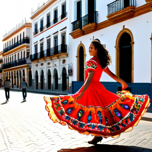 **

"A vibrant, sun-drenched street scene in Seville, Spain.  A young woman, fully clothed in a colorful flamenco dress with intricate embroidery, is gracefully dancing.  Traditional Spanish architecture in the background with flower-filled balconies.  Late afternoon sunlight.  Safe for work, appropriate attire, family-friendly, professional quality, perfect anatomy, natural pose.  High resolution, detailed textures."

**
