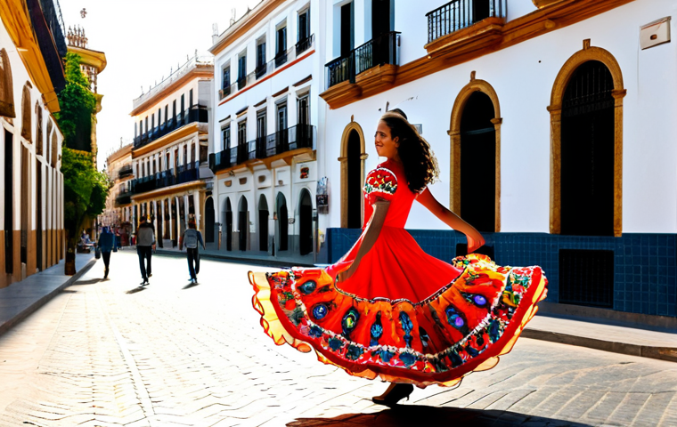 **

"A vibrant, sun-drenched street scene in Seville, Spain.  A young woman, fully clothed in a colorful flamenco dress with intricate embroidery, is gracefully dancing.  Traditional Spanish architecture in the background with flower-filled balconies.  Late afternoon sunlight.  Safe for work, appropriate attire, family-friendly, professional quality, perfect anatomy, natural pose.  High resolution, detailed textures."

**
