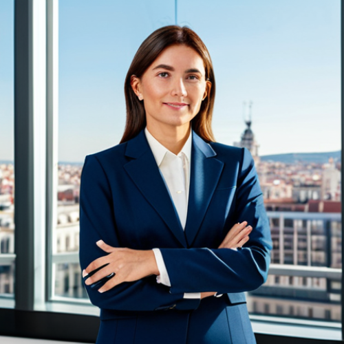 **

A professional businesswoman in a modest business suit, standing in a bright, modern office with large windows overlooking Madrid. Fully clothed, appropriate attire, safe for work. Perfect anatomy, correct proportions, natural pose, well-formed hands, proper finger count, natural body proportions. Professional photography, high quality, family-friendly.

**