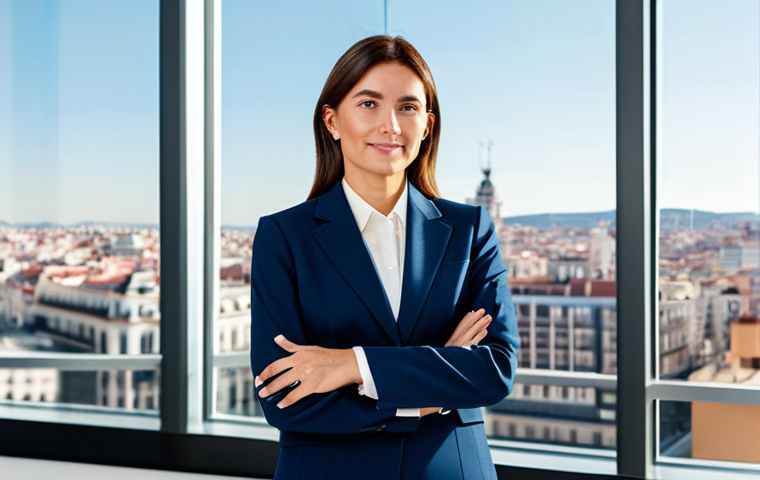 **
A professional businesswoman in a modest business suit, standing in a bright, modern office with large windows overlooking Madrid. Fully clothed, appropriate attire, safe for work. Perfect anatomy, correct proportions, natural pose, well-formed hands, proper finger count, natural body proportions. Professional photography, high quality, family-friendly.
**