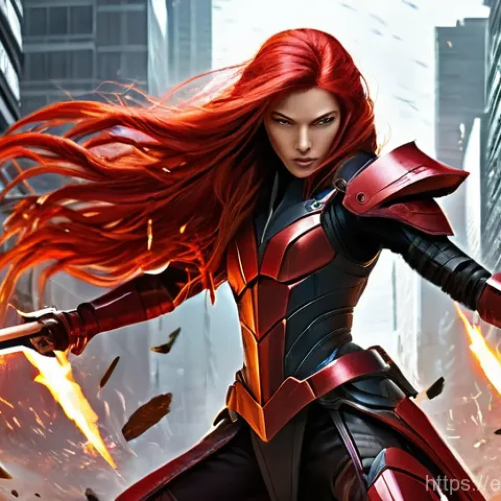 승리의여신 니케 글로벌 트렌드 분석 - **Dynamic Combat: "Crimson Blaze"**
    A female "Nikke" character, reminiscent of Scarlet from "God...