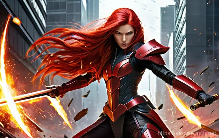 승리의여신 니케 글로벌 트렌드 분석 - **Dynamic Combat: "Crimson Blaze"**
    A female "Nikke" character, reminiscent of Scarlet from "God...