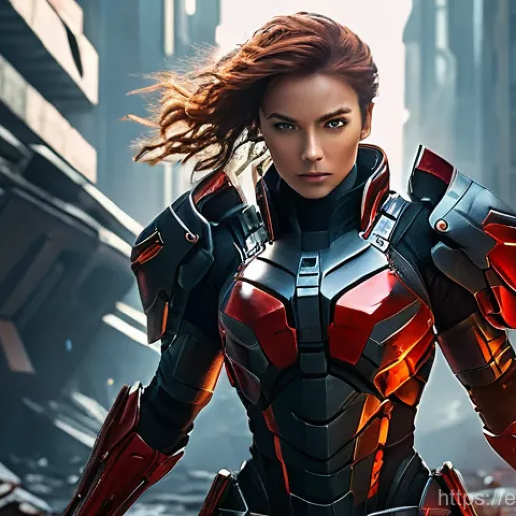 승리의여신 니케 희귀 캐릭터 자랑하기 - **A highly detailed, action-packed scene featuring the NIKKE Scarlet in a dynamic combat pose.** She...