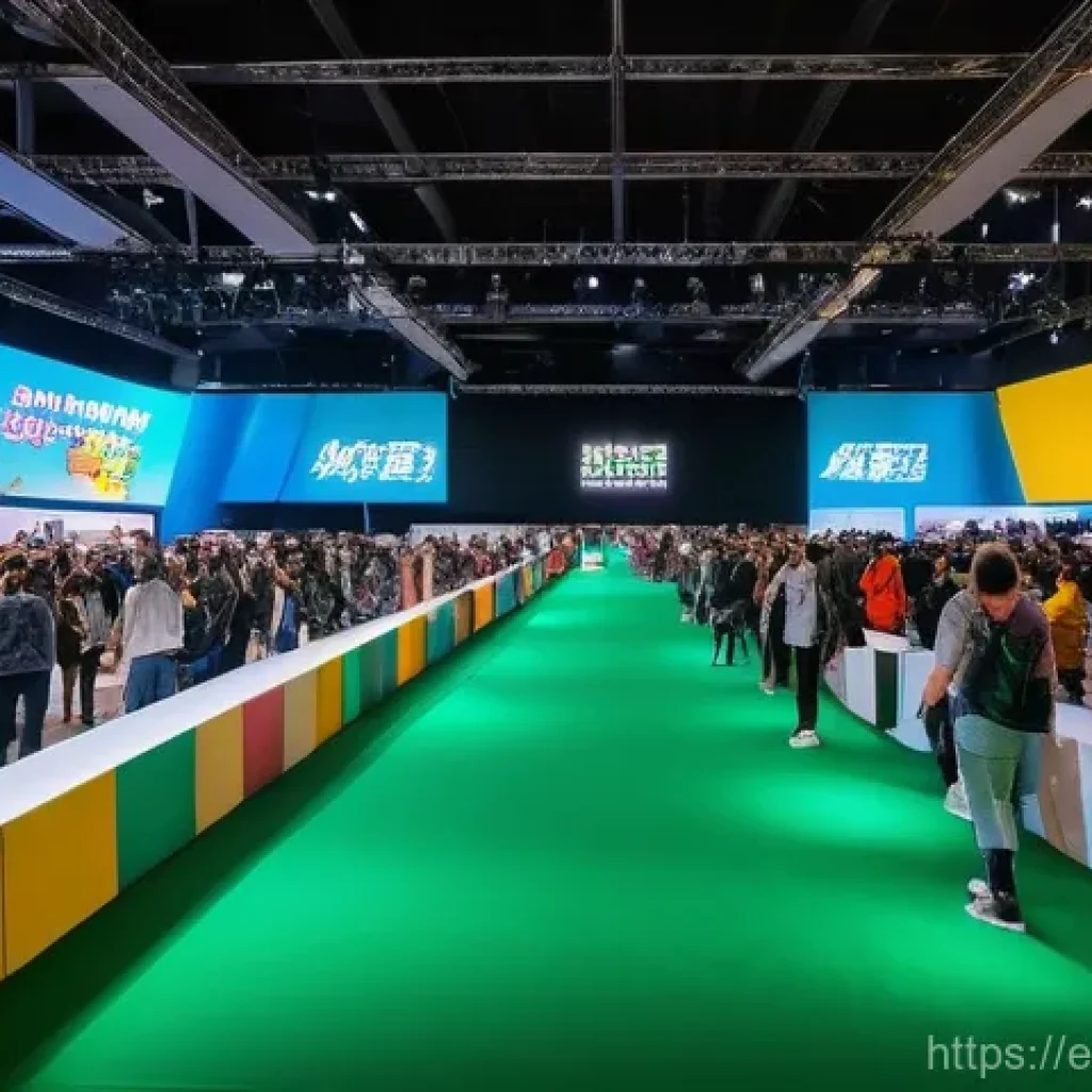 승리의여신 니케 팬 미팅 가이드 - **"A vibrant and bustling fan meeting convention hall, filled with enthusiastic attendees of diverse...