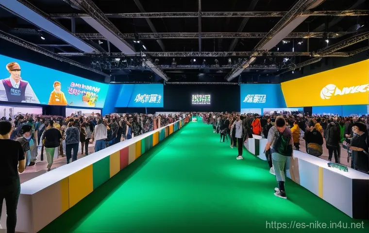 승리의여신 니케 팬 미팅 가이드 - **"A vibrant and bustling fan meeting convention hall, filled with enthusiastic attendees of diverse...