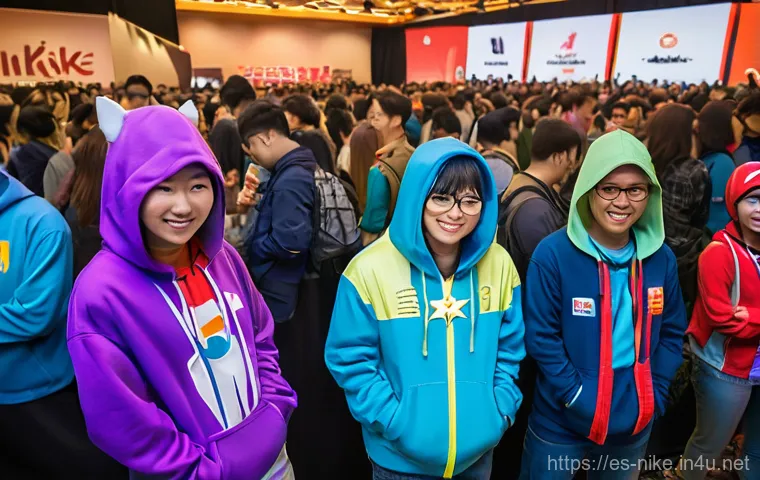 승리의여신 니케 팬 미팅 가이드 - **"A vibrant and bustling fan meeting convention hall, filled with enthusiastic attendees of diverse...