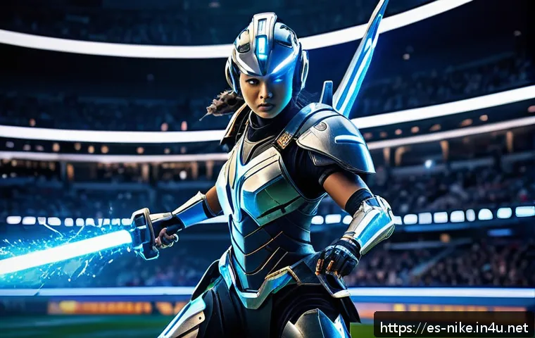 승리의여신 니케 AI 적대자 전술 분석 - A dynamic battle scene in a futuristic arena featuring Victory Goddess Nike, a powerful female warri...