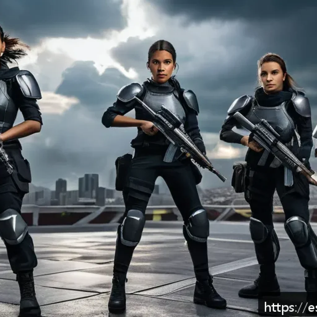 승리의여신 니케 시즌별 신규 모드 - A dynamic battle scene in a futuristic urban environment featuring a diverse team of female warriors...