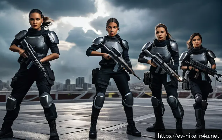 승리의여신 니케 시즌별 신규 모드 - A dynamic battle scene in a futuristic urban environment featuring a diverse team of female warriors...