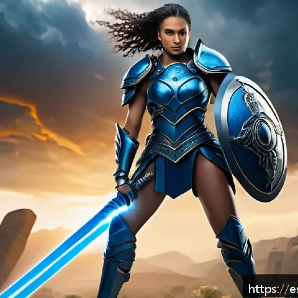 승리의여신 니케 레벨업 속도 높이기 - A dynamic fantasy warrior named Nike, dressed in intricately designed armor with glowing blue accent...
