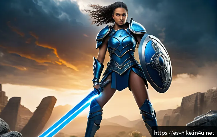 승리의여신 니케 레벨업 속도 높이기 - A dynamic fantasy warrior named Nike, dressed in intricately designed armor with glowing blue accent...