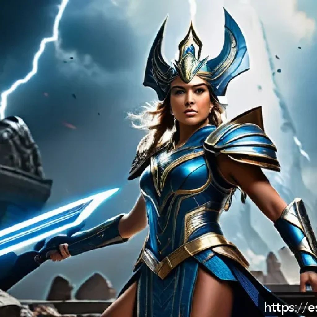 승리의여신 니케 팬이 만든 전투 영상 - A dynamic battle scene featuring the Victory Goddess as the central figure, wearing intricate futuri...