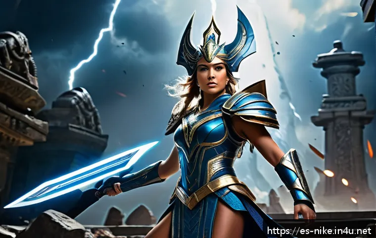 승리의여신 니케 팬이 만든 전투 영상 - A dynamic battle scene featuring the Victory Goddess as the central figure, wearing intricate futuri...