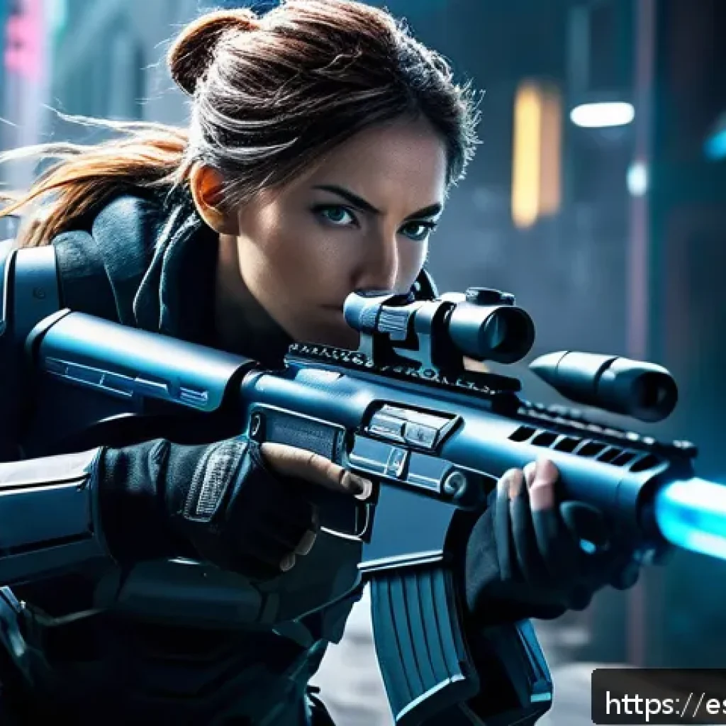 승리의여신 니케 캐릭터 전술 연구 - A dynamic battle scene featuring Artemisa, a sleek female attacker in tactical combat gear, aiming a...