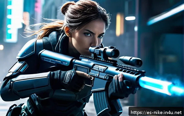 승리의여신 니케 캐릭터 전술 연구 - A dynamic battle scene featuring Artemisa, a sleek female attacker in tactical combat gear, aiming a...