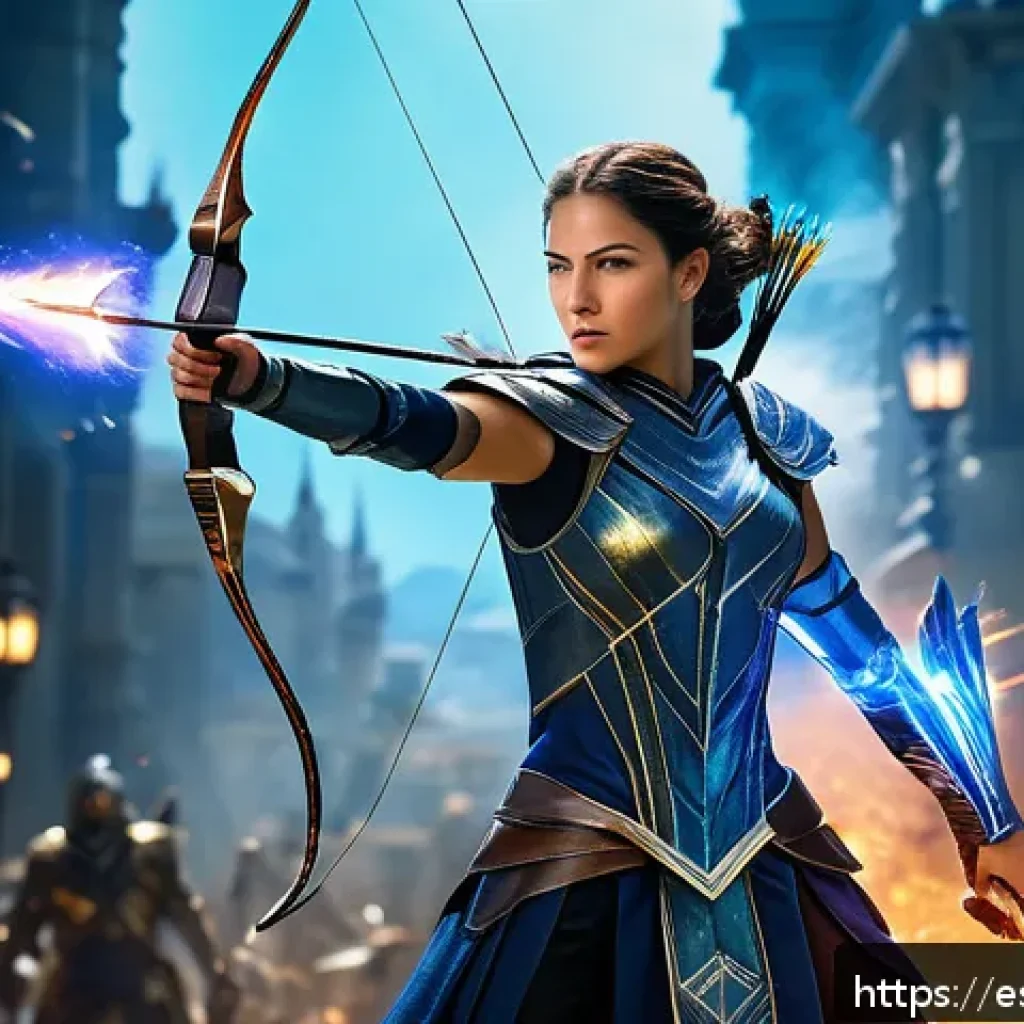 승리의여신 니케 가이드북 제작 - A dynamic battle scene featuring Artemis, a slender female archer in stylish fantasy armor with intr...