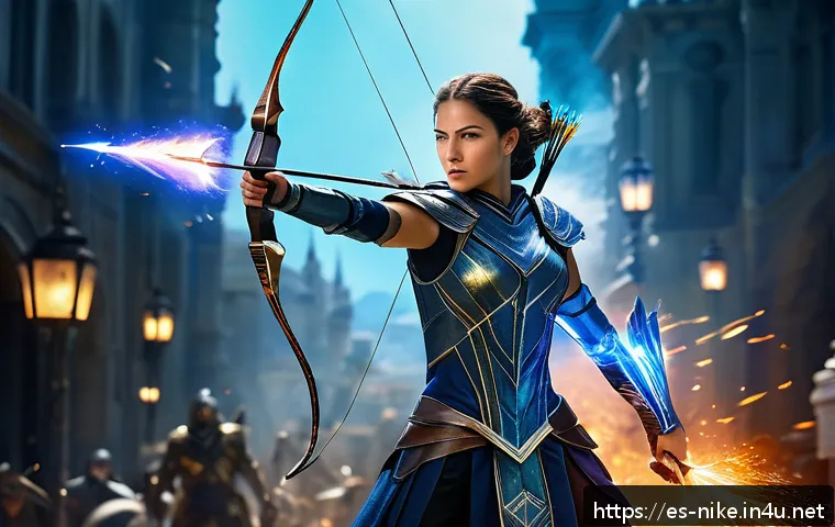 승리의여신 니케 가이드북 제작 - A dynamic battle scene featuring Artemis, a slender female archer in stylish fantasy armor with intr...