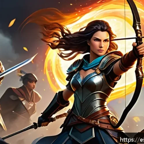 승리의여신 니케 파티 공격력 상승 비결 - A dynamic battle scene in a fantasy RPG setting featuring a team of four heroes in coordinated offen...