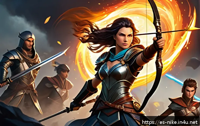 승리의여신 니케 파티 공격력 상승 비결 - A dynamic battle scene in a fantasy RPG setting featuring a team of four heroes in coordinated offen...