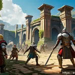 승리의여신 니케 신규 패치 예상 - A dynamic fantasy battle scene showcasing diverse heroes in a vibrant, detailed arena. Characters ar...