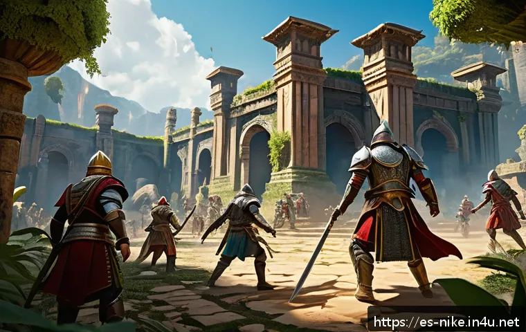 승리의여신 니케 신규 패치 예상 - A dynamic fantasy battle scene showcasing diverse heroes in a vibrant, detailed arena. Characters ar...