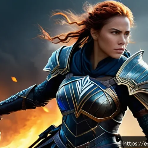 승리의여신 니케 크리에이터 아이템 지원 - A dynamic fantasy warrior woman dressed in intricate battle armor with glowing elemental effects, wi...