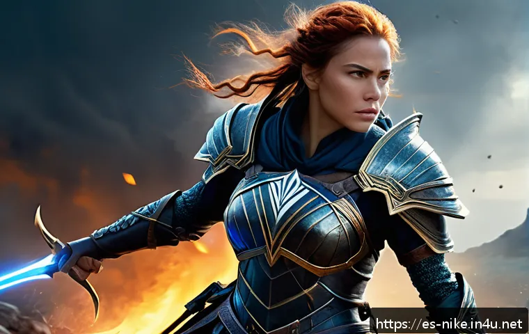 승리의여신 니케 크리에이터 아이템 지원 - A dynamic fantasy warrior woman dressed in intricate battle armor with glowing elemental effects, wi...