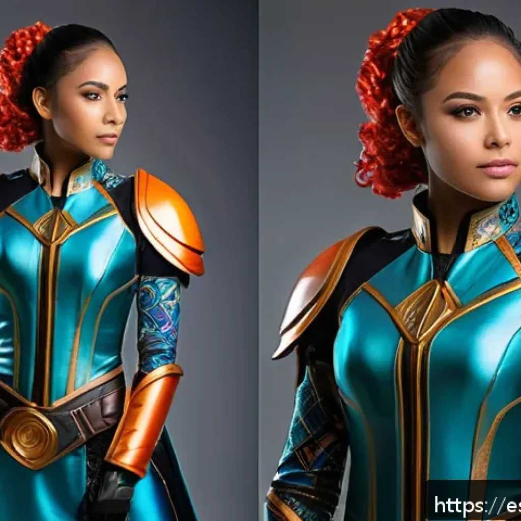 승리의여신 니케 코스프레 추천 의상 - A detailed full-body cosplay portrait of Nikke wearing a vibrant satin-finished spandex costume feat...