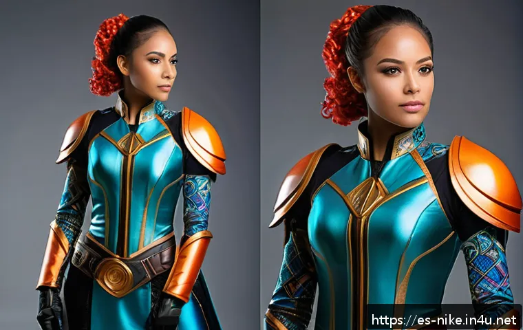 승리의여신 니케 코스프레 추천 의상 - A detailed full-body cosplay portrait of Nikke wearing a vibrant satin-finished spandex costume feat...