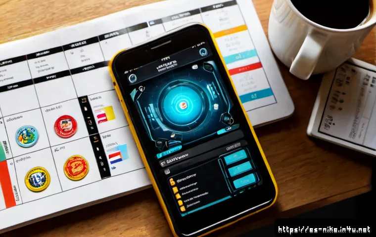 Home 17 승리의여신 니케 일일 미션 효율 - Photorealistic overhead view of a Spanish gamer’s tidy home desk, smartphone showing an abstract fut...