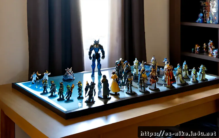 Home 17 승리의여신 니케 공식 캐릭터 굿즈 - Photorealistic tabletop scene of a Spanish anime game collector carefully arranging premium sci-fi c...
