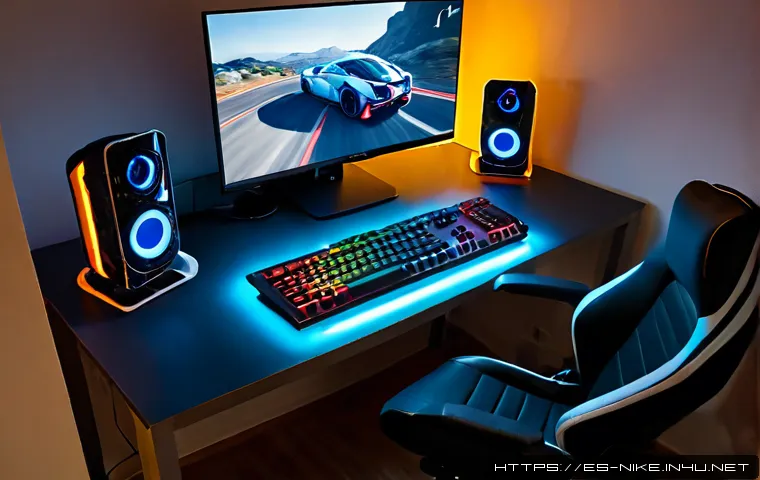 승리의여신 니케 최적 플레이 환경 - Photorealistic modern gaming desk in a cozy Spanish apartment, powerful desktop PC with a large moni...