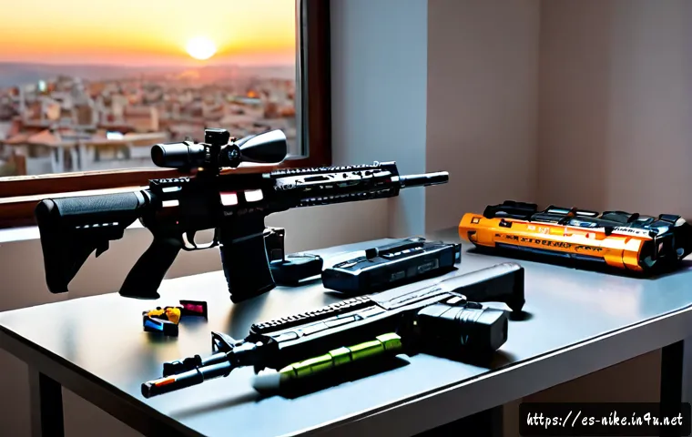 승리의여신 니케 무기 조합 최적화 - Photorealistic gaming desk scene for weapon loadout optimization, a Spanish-speaking young adult str...