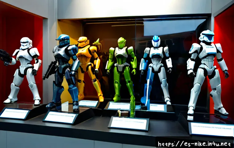 승리의여신 니케 팬 굿즈 전시 - Photorealistic fan merchandise exhibition inspired by a futuristic sci-fi mobile game, glass display...